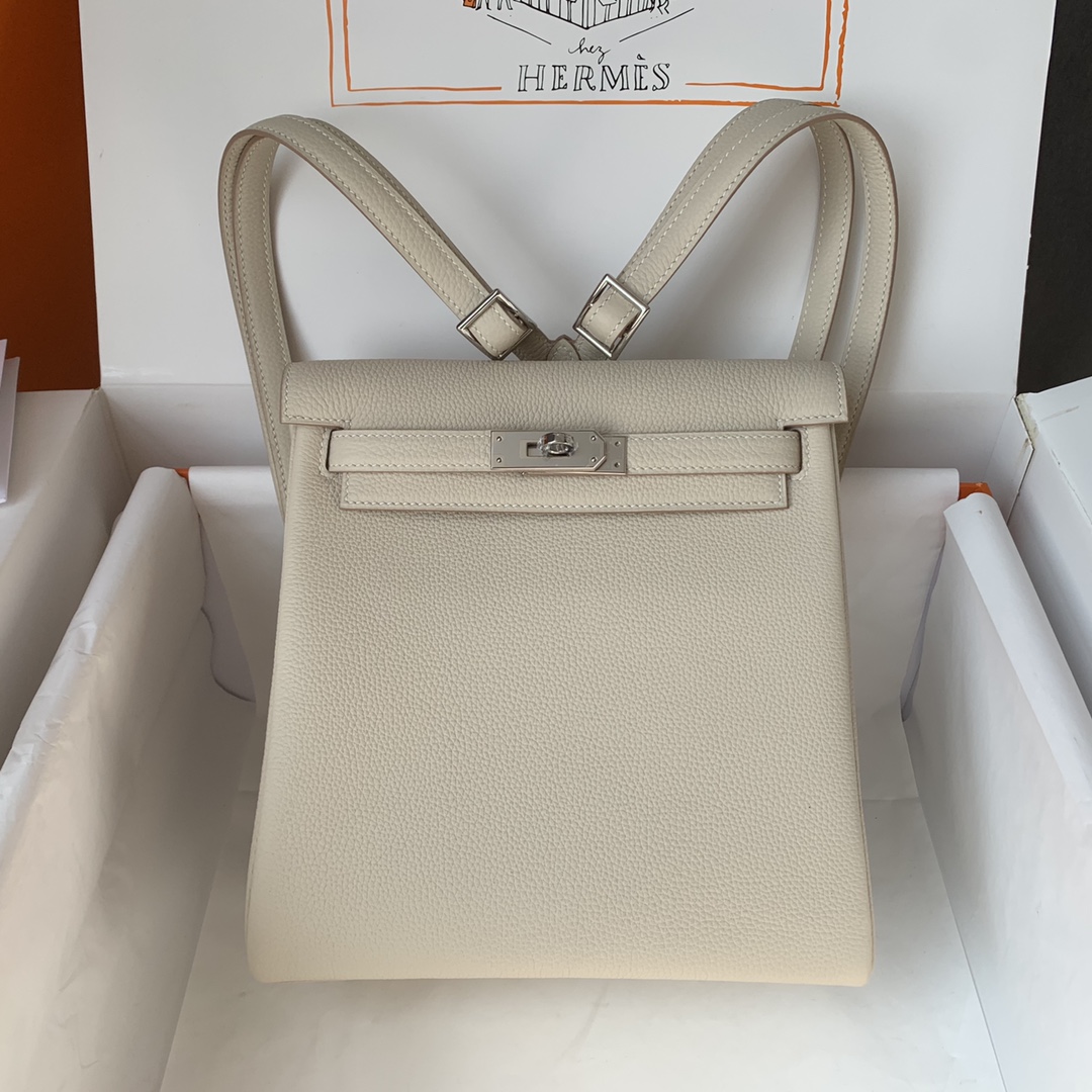 Hermes Kelly Ado Backpack In Pearl Grey Clemence Leather